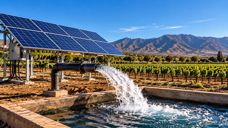 Tubo de una bomba solar descargando agua en un abrevadero, con paneles solares montados en suelo y cultivos al fondo