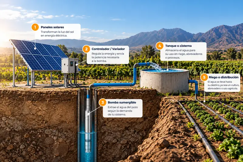 Ilustración de un sistema de bombeo solar en corte: paneles solares, controlador, bomba sumergible dentro del pozo, tanque de agua y líneas de riego hacia el cultivo
