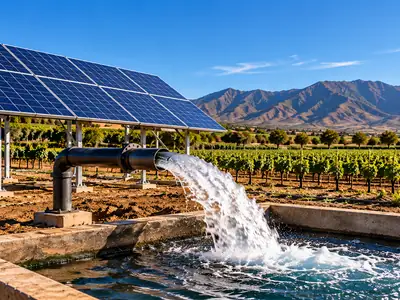 Tubo de una bomba solar descargando agua en un abrevadero de concreto, con paneles solares montados en suelo, cultivos y montañas al fondo
