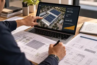 Diseño de un arreglo de paneles solares sobre la foto aérea de una nave, en la pantalla de una laptop, con planos en la mesa