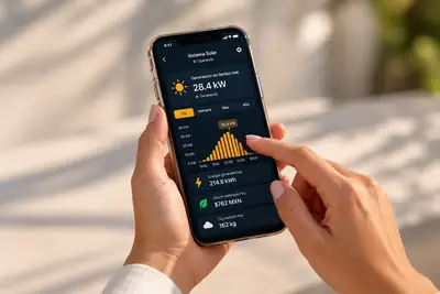 Celular con la aplicación de monitoreo de un sistema solar, mostrando la generación del día en kilowatts
