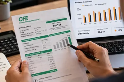 Persona revisando un recibo de CFE con una pluma, junto a una laptop con gráficas de consumo